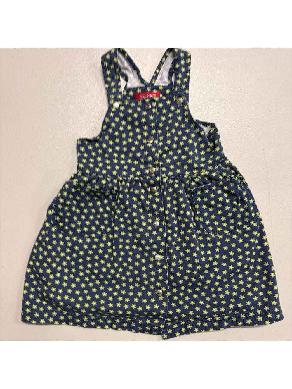 Vintage Esprit Mini Denim Overall Dress Green Star Flowers Size Small
